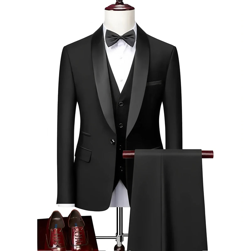 Men Lapel Black Collar 3 Pcs Suit Set Coat Vest Trousers / Business Groom Wedding Dress Fprmal Blazer Pants Waistcoat