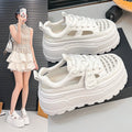 Women White Platform Sneakers Hollow Mesh Lace Up Height Increasing Casual Shoes Soft Thick Sole Daily Walking Sports Footwear