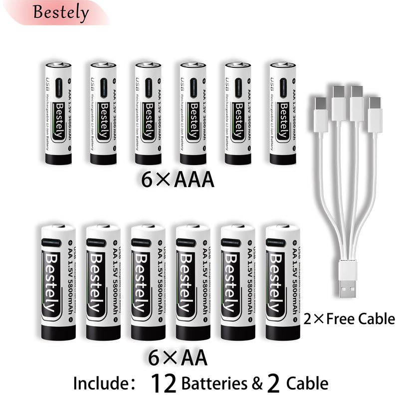New 1.5V AAA 3600mAh+AA 5800mAh Lithium Ion Rechargeable Battery Fast Charging USB-C Li-ion Batteries 2000 Cycle with Free Cable