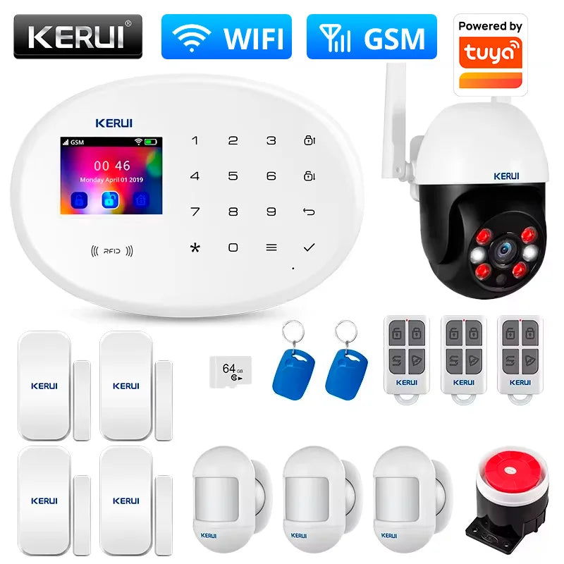KERUI Home Security Protection WIFI GSM Alarm System Kit Works with Tuya Support Alexa with Door Opening Sensor Motion Detector