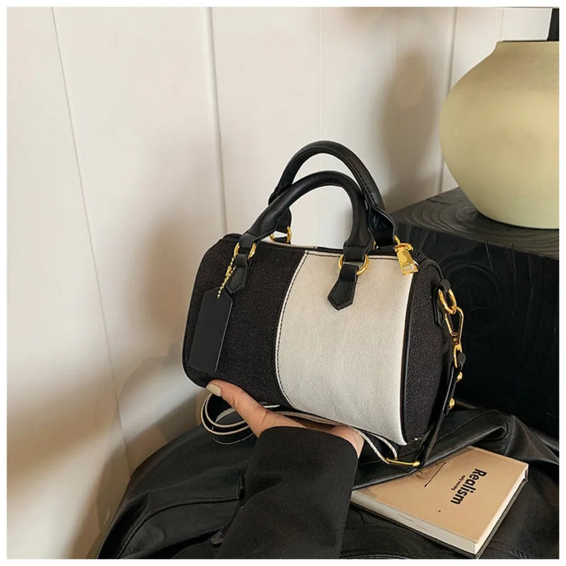 Patchwork Colorblock Mini Handbags For Women Denim Shoulder Cross Body Bags Casual Street Small Boston Bag 2025 Designer Purses