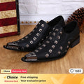 Italian men's dress shoes black metal rivet pointed men's leather business shoes, party shoes men's flat shoes
