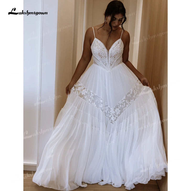 Romantic Thin Strap V Lace Boho Wedding Dress Chiffon - View 5 | SAMAG