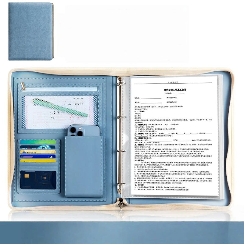 New A4 multi-function business zipper bag, 4-ring binder + writing pad + storage bag, pleated texture PU  leather cover
