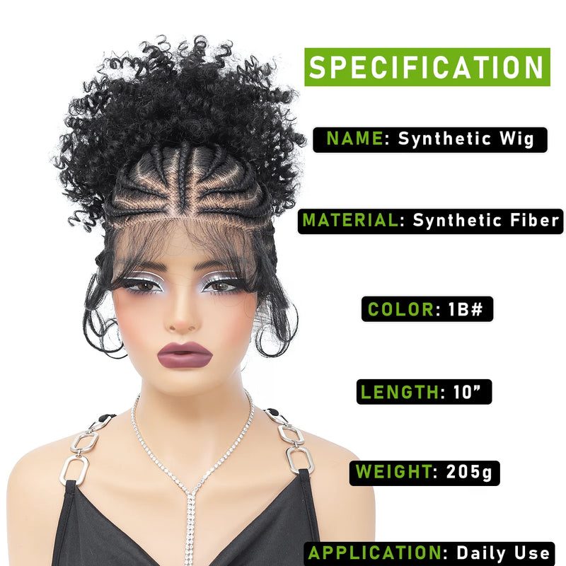 Synthetic Braided Wig with Buns Full Lace Cornrow Braids Wig for Black Women Frontal Braiding Wigs with Ponytail 10 inches