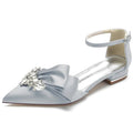 Satin Rhinestones Wedding Flats Shoes Pointed Toe Ankle Buckle Strap Women Flat Sandals for Bridesmaids/Prom/Evening