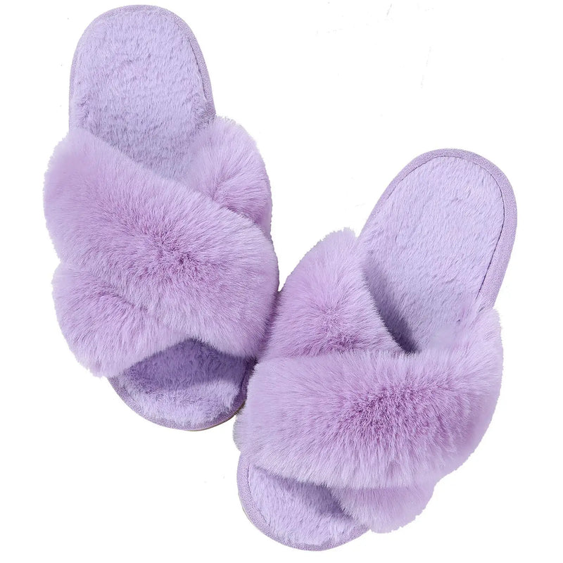 Comwarm Women's Cross Band Fuzzy Slippers Fluffy Open Toe House Slippers Cozy Plush Bedroom Shoes Indoor Outdoor Fur Sandals