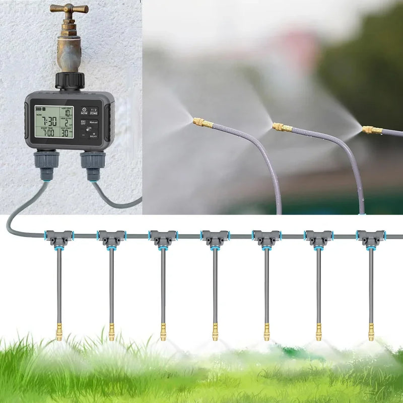 Dual Zone Independent Smart LCD Display Garden Watering Timer Atomization Spray Kit Mist Cooling System Irrigation Controller
