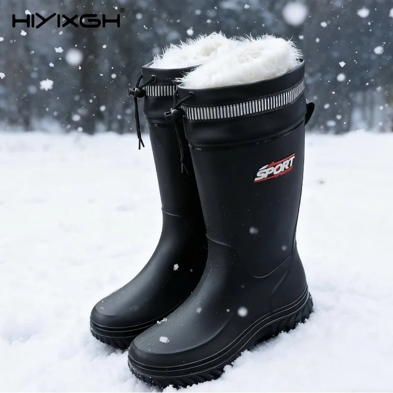 Men's Mid-Calf Plush Lined Rain Boots Waterproof Non-slip Wear-resistant Lightweight Water Shoes for Outdoor Fishing Work