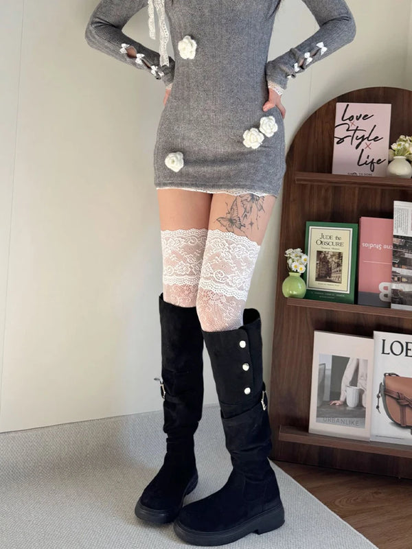 Women's Lace Fishnets Stockings Sexy JK Lolita Over The Knee Socks Autumn/Summer Retro Thigh Highs Tights Breathable Fishnets
