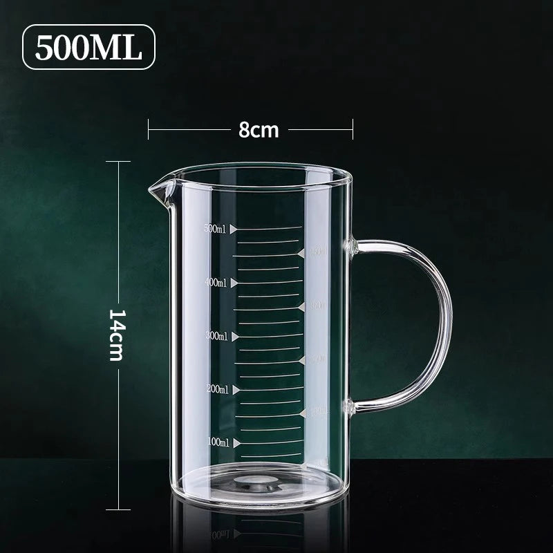 YWDL 1pcs Glass Measuring Cup With Handle Heat-resistant Laboratory Beaker Kitchen Milk Coffe Measuring Mug 250/350/500/1000ml