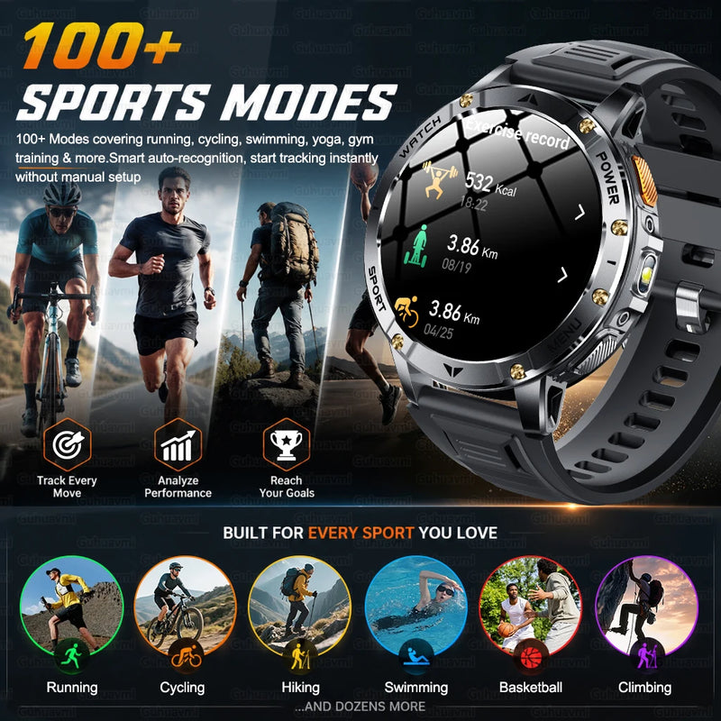 2026 New Military TANK 1400mAh Battery Smart Watch IP68 Waterproof LED Flashlight Heart Rate Sports tracker SOS Smart Watch Men
