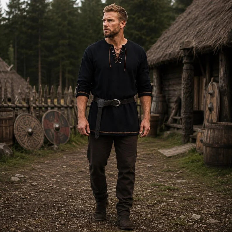 Men Medieval Lace Up Linen Long Sleeve Tunic Viking | SAMAG