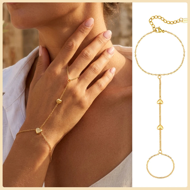 Stainless Steel Hand Chain Ring Bracelet for Women, Adjustable Gold Plated Double Layer Finger Summer - Visuel 7 | SAMAG
