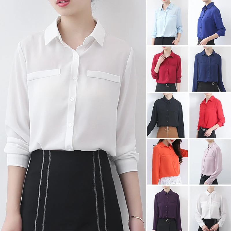 Simple Solid Color Loose Women's Chiffon Shirt 2025 Spring New Fine Long Sleeve Casual Blouses and Tops Lady OL Office Shirts