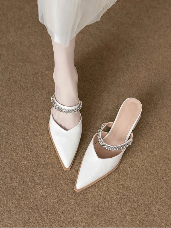 French Style Pointed Toe Chunky Heel V-Cut Mules with Chain Decor, Commute Versatile Comfortable Outdoor Wear Sandals for Women