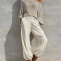 Fashionable Off-shoulder Top And Casual Trousers Two-piece Suit 2026 Autumn And Winter New Solid Color Slope Collar Women's Suit