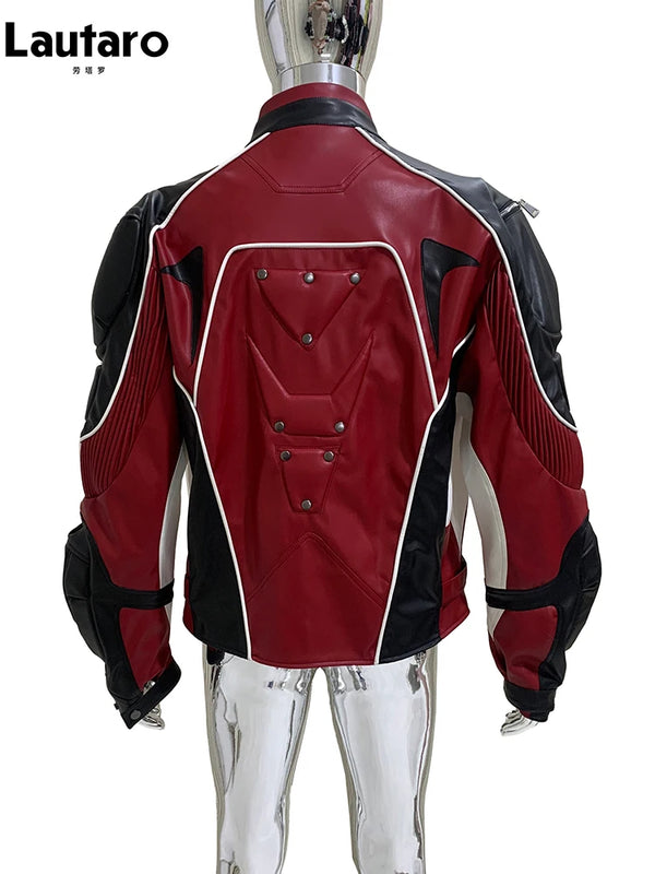 Mauroicardi Autumn Winter Cool Short Patchwork Pu Leather Racer Jacket Men Shoulder Pads Rivet Runway European Fashion Clothes