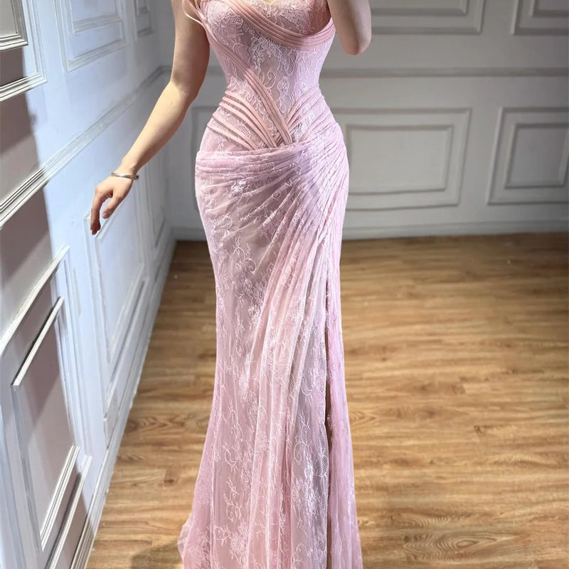 Contessa Custom Pink Lace Evening Dress Prom Strapless | SAMAG