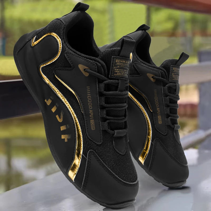 Trendy Black and Gold Color-Blocking Mesh Casual Shoes, Men's Breathable Shock-Absorbing Thick-Soled Sneakers, Versatile Soft-Soled Non-Slip Men's Shoes for Daily Commuting