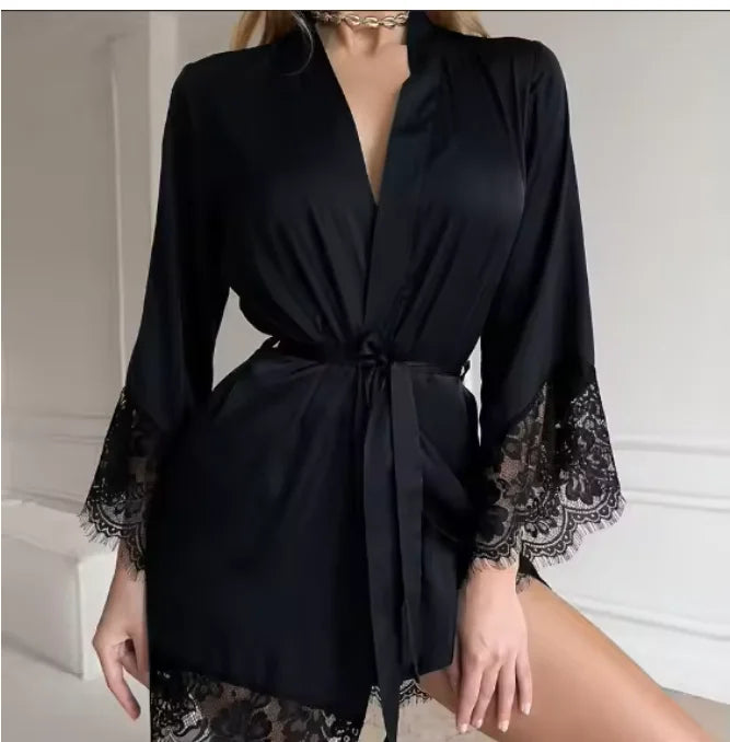 Women's Sexy Night Gown Robe V-Neck Satin Lace Bathrobe | SAMAG