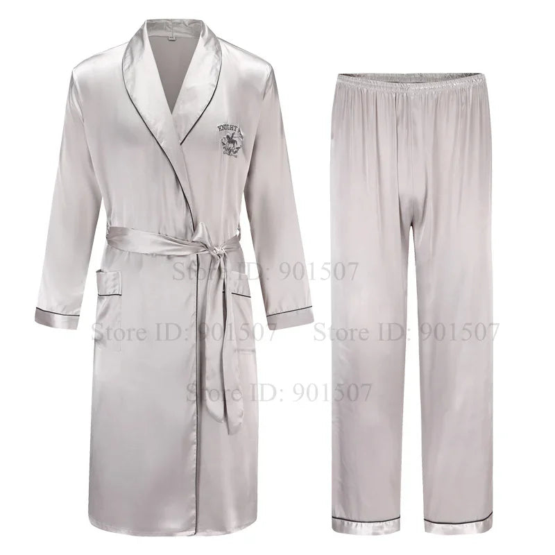 Spring Autumn Male Robe 3PCS Sleepwear Set Ice Silk Kimono Bathrobe Gown Loungewear Loose Casual Satin Homewear Nightwear 3XL