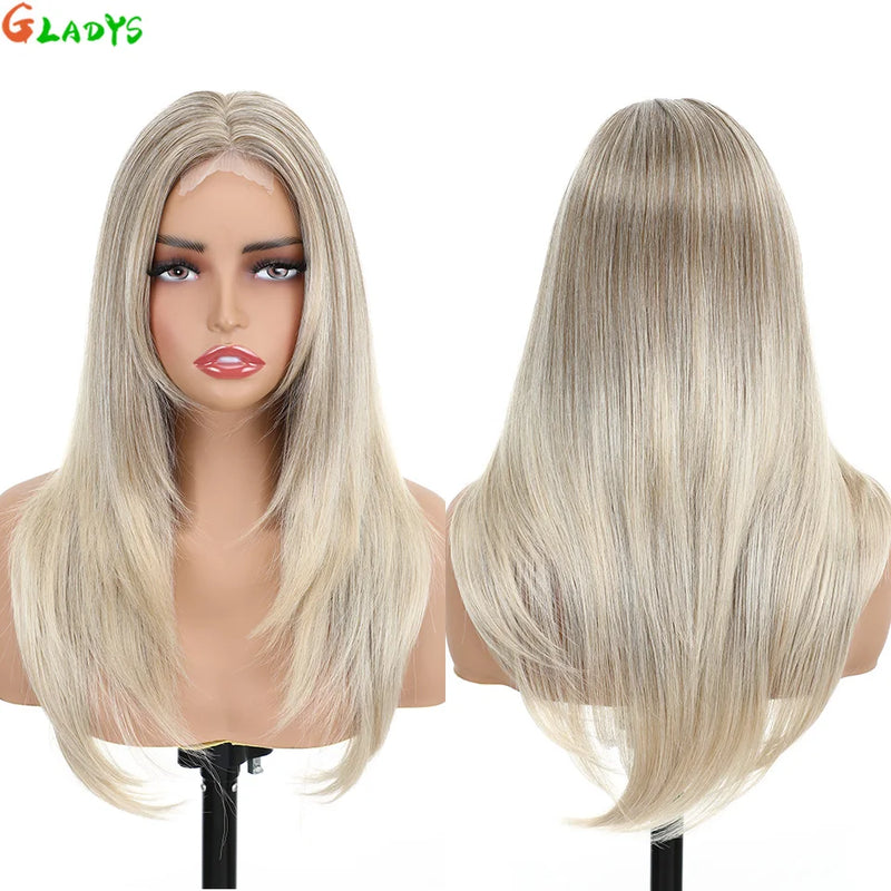 210g/pcs 180% Density Lace Wig 6-24-613 Color Middle Part Glueless Lace Wigs 24 Inch Ombre Blonde Synthetic Hair Daily Use Wigs
