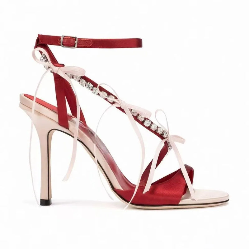 Rich Red Satin Fabric Rhinestone Detailed Wrap Design Straps Adjustable Ankle Buckle Strap Sharp Stiletto High Heel Womens Sling