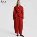 Laru 2026 New Women Two Piece Set V Neck Peplum Blazer with Barrel Leg Pants Gold Button Slim Fit Elegant Business Office Outfit