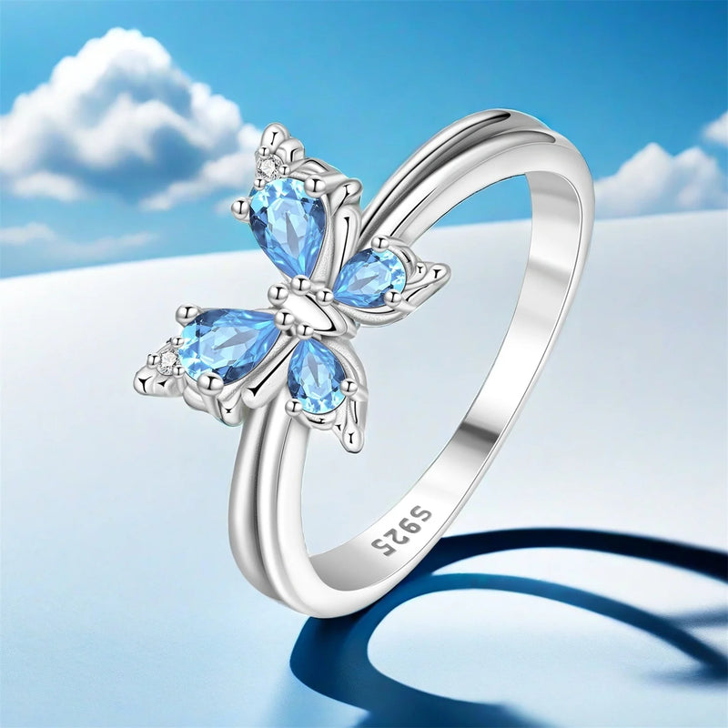 Orstarry S925 Sterling Silver Blue Butterfly Insect Closed Ring For Women Original Finger Jewelry Party - Visuel 5 | SAMAG