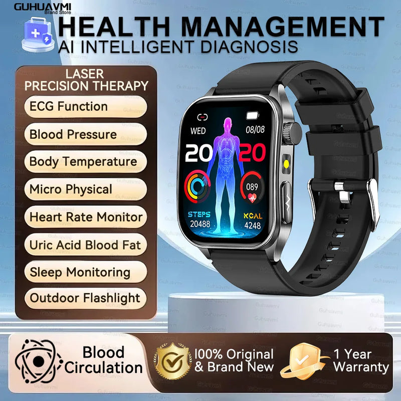 Health managed Non-Invasive Laser Physiotherapy Smart Watch Blood Pressure Uric Acid Call ECG+PPG 650nm Laser Smart Watch 2026