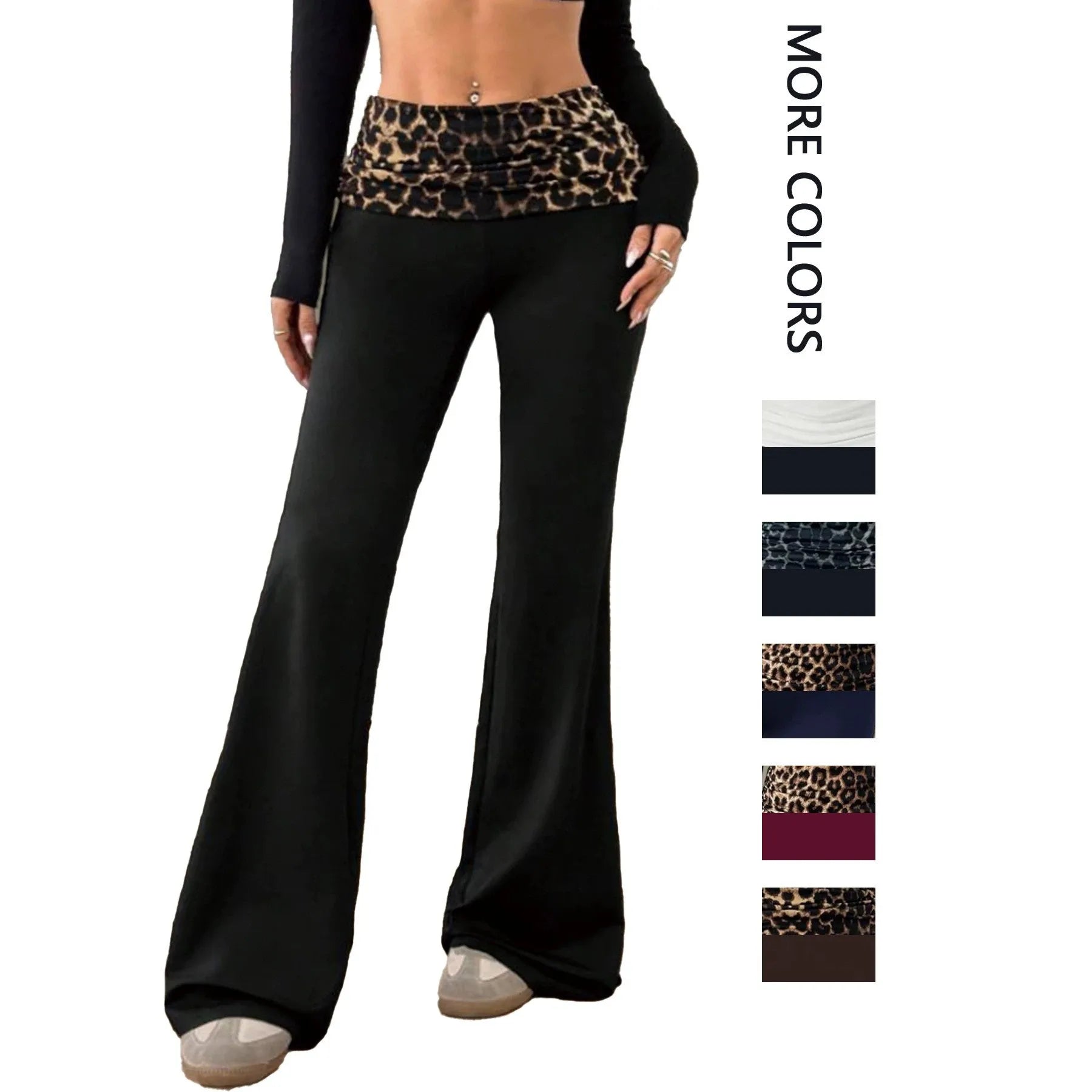 2026 Summer Women's Cross-border Sexy Leopard Print Patchwork High Waist Elastic Slim Fit Butt Lifting Slimming Flare Pants