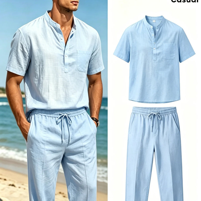Men's Cotton Linen Henley Shirt and Drawstring Pants Set | SAMAG