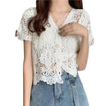 Women French Style Short Sleeve Lace Shrug Hollow Out Crochet Knit  Cardigan V-Neck Button Down Sheer Crop for Jac