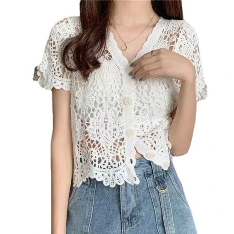 Women French Style Short Sleeve Lace Shrug Hollow Out Crochet Knit  Cardigan V-Neck Button Down Sheer Crop for Jac