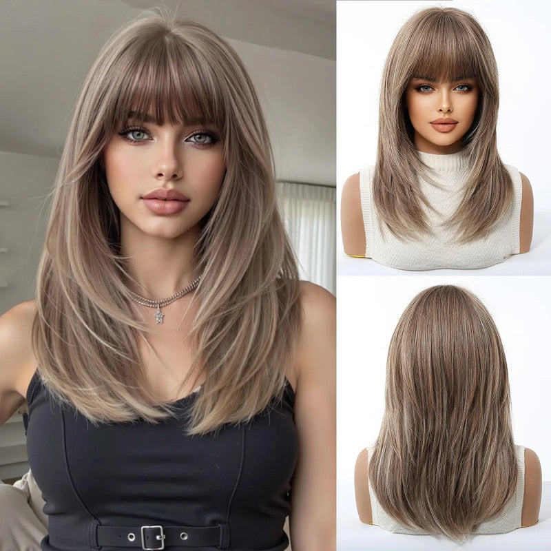 EASIHAIR Medium Length Wavy Blonde Synthetic Wig With Bangs For Women Natural Wigs Hair Heat Resistant Daily Party Cosplay Use