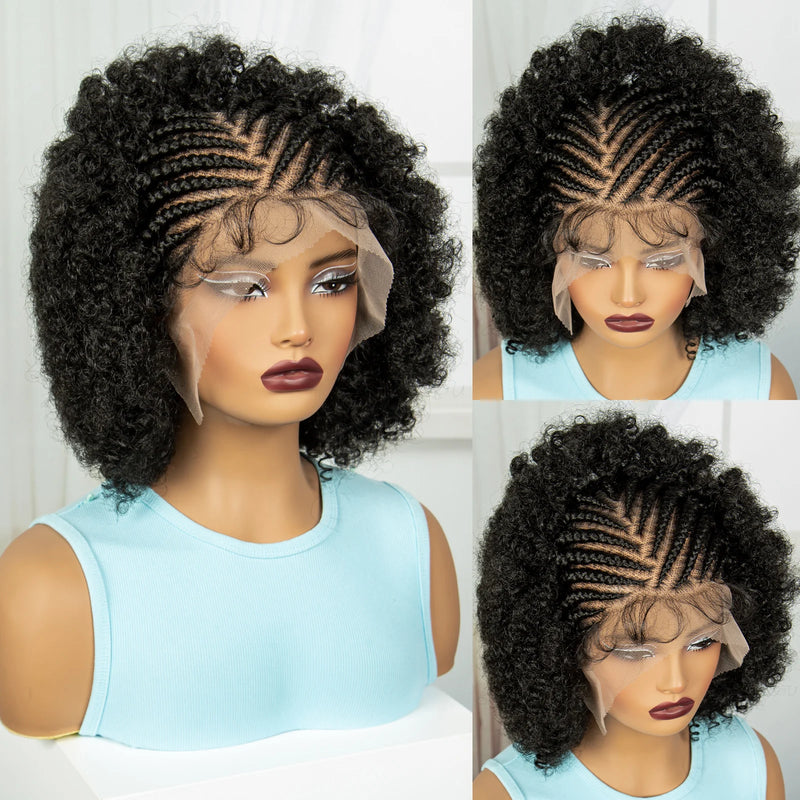 Full Lace Natural Cornrow Braided Wigs 8inch Synthetic Afro Kinky Curly Short Braided Lace Wigs With Baby Hair for Black Women