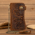 Men's Vintage Crazy Horse Leather Chain Wallet Genuine Leather Bifold Long Wallet Snap Card Holder Purse Zipper Coin Rfid Pocket