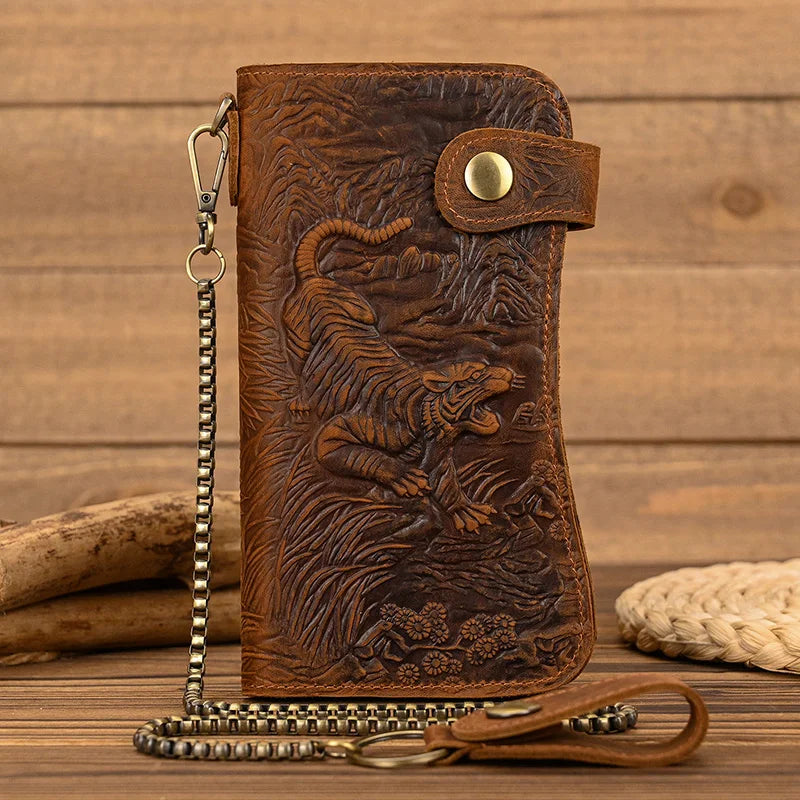 Men's Vintage Crazy Horse Leather Chain Wallet Genuine Leather Bifold Long Wallet Snap Card Holder Purse Zipper Coin Rfid Pocket