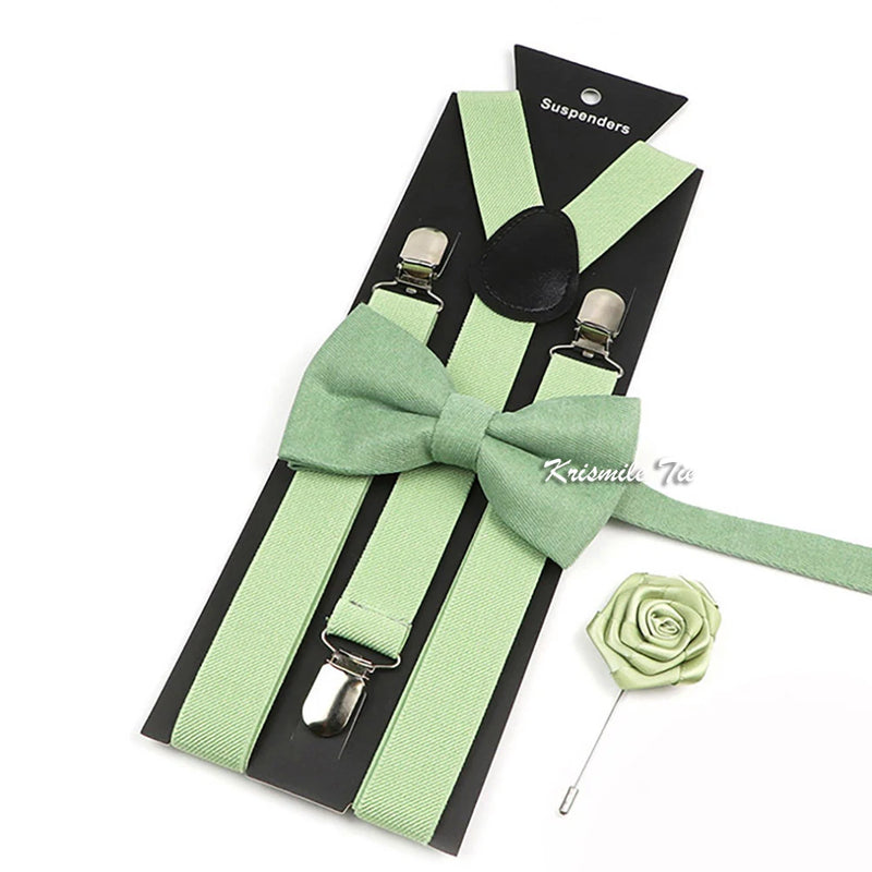 Novalty Sage Green Suspender Bowtie Set For Men Women Kids Romatic Wedding Party Elastic Y-back Straps Pants Shirt Accessory