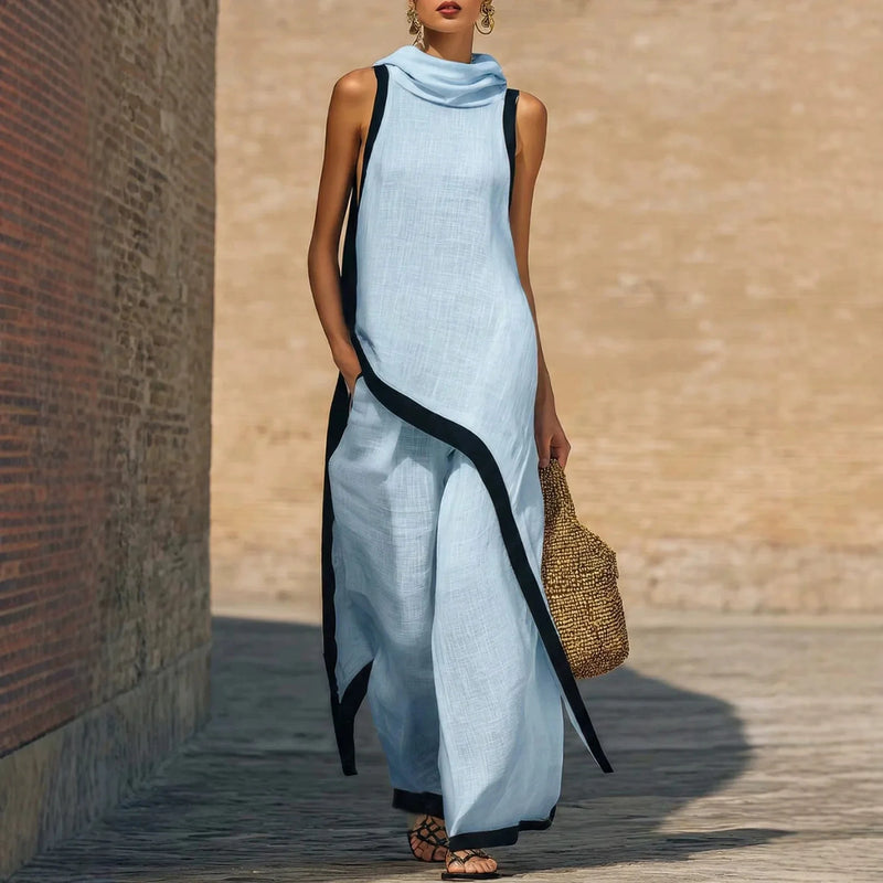 2026 New European American Women's Two-Piece Set: Solid Sleeveless Blouse with High Waist Pants, Elegant Casual Matching Outfit