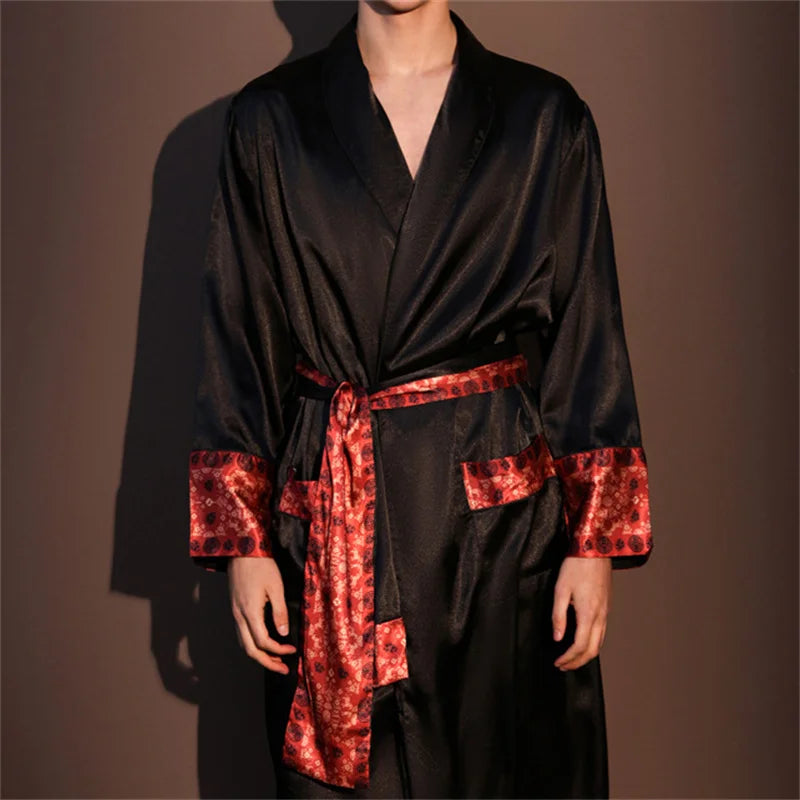 High Quality Men's Robe Pajamas Ice Silk Homewear Spring Summer New Long Sleeve Bathrobe Loungewear Loose Lingerie Sleepwear