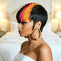 Human Hair Short Pixie Cut Wig, Brown And Pink Orange Streaks, Full Machine Made, Easy Wear For Women, Perfect For Family Party