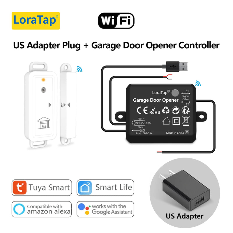 LoraTap Tuya Smart Life AC DC Garage Door Wireless Sensor Opener Controller USB Charger Remote Control by Google Home Alexa