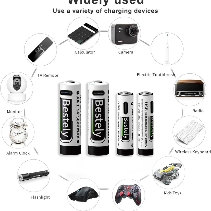 New 1.5V AAA 3600mAh+AA 5800mAh Lithium Ion Rechargeable Battery Fast Charging USB-C Li-ion Batteries 2000 Cycle with Free Cable