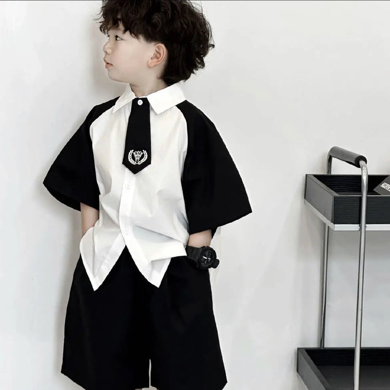 Summer Boy Clothing Set Patchwork Shirt+ Black Shorts - View 3 | SAMAG