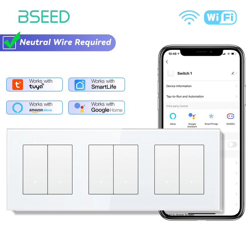 BSEED WIFI Light Switch 1/2/3/4Gang 2Way Smart Click Button Switch Glass Panel White LED Indicator Tuya Smart Life Alexa Control