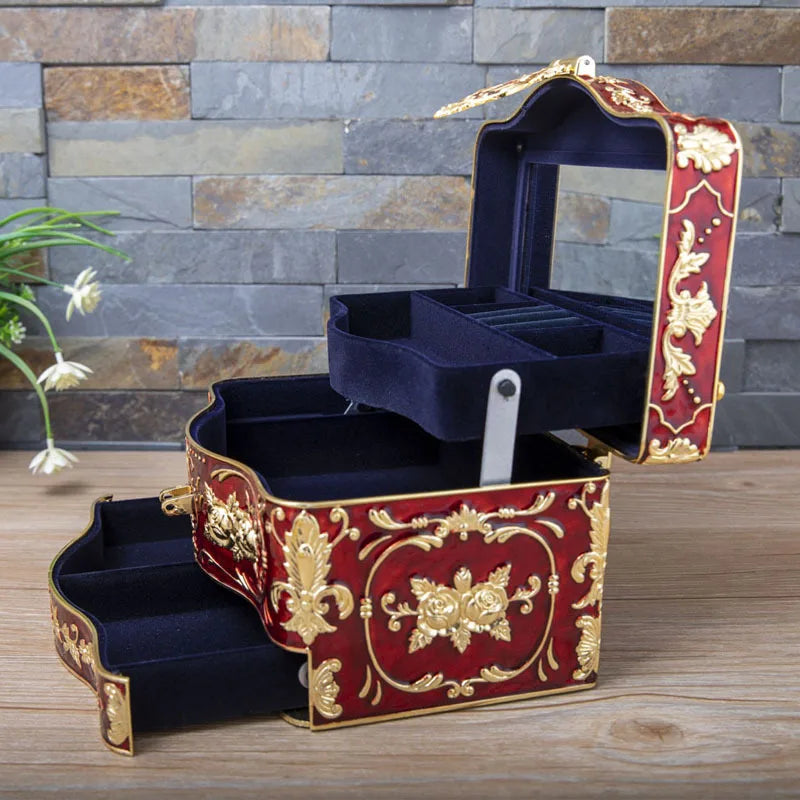 Multi-functional Storage Case with Mirror And Locks 3 Layer Large Metal Jewelry Box Women's Day Gifts for Women