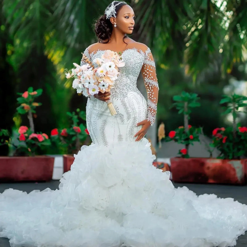 Ruffled African Wedding Dresses Black Girls Mermaid Long - View 3 | SAMAG