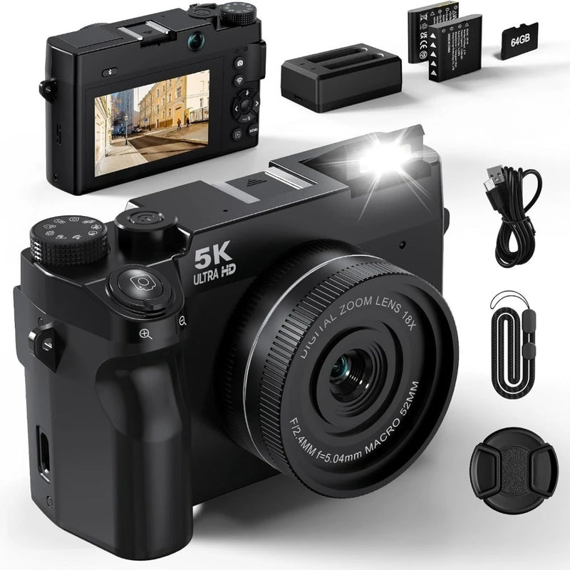 5K Digital Camera for Photography,75MP Point and Shoot Digital Cameras 64GB, Dual Lens 18X Zoom Autofocus, WiFi Vlogging Camera